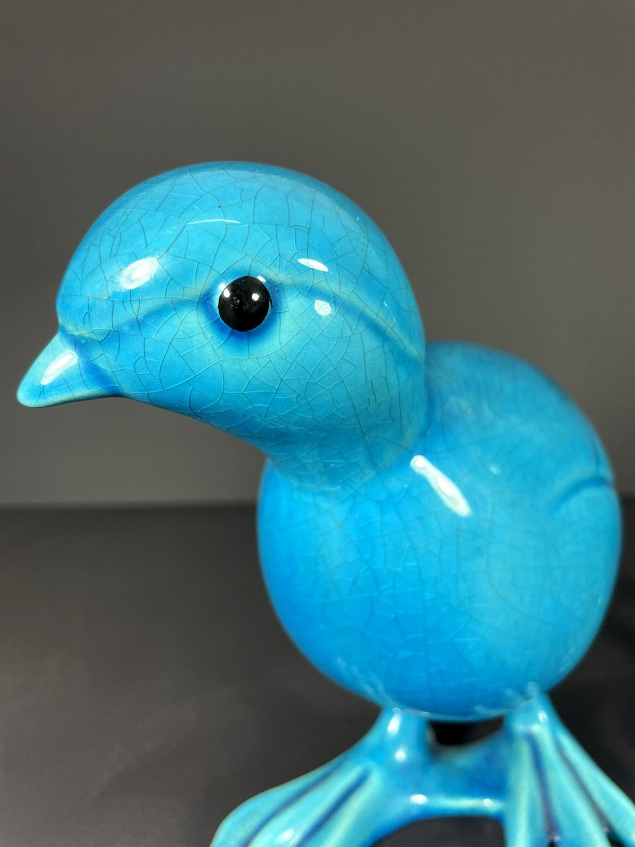 Chine, Années 1950/1960, paire d'oiseaux en porcelaine bleue turquoise.-photo-3
