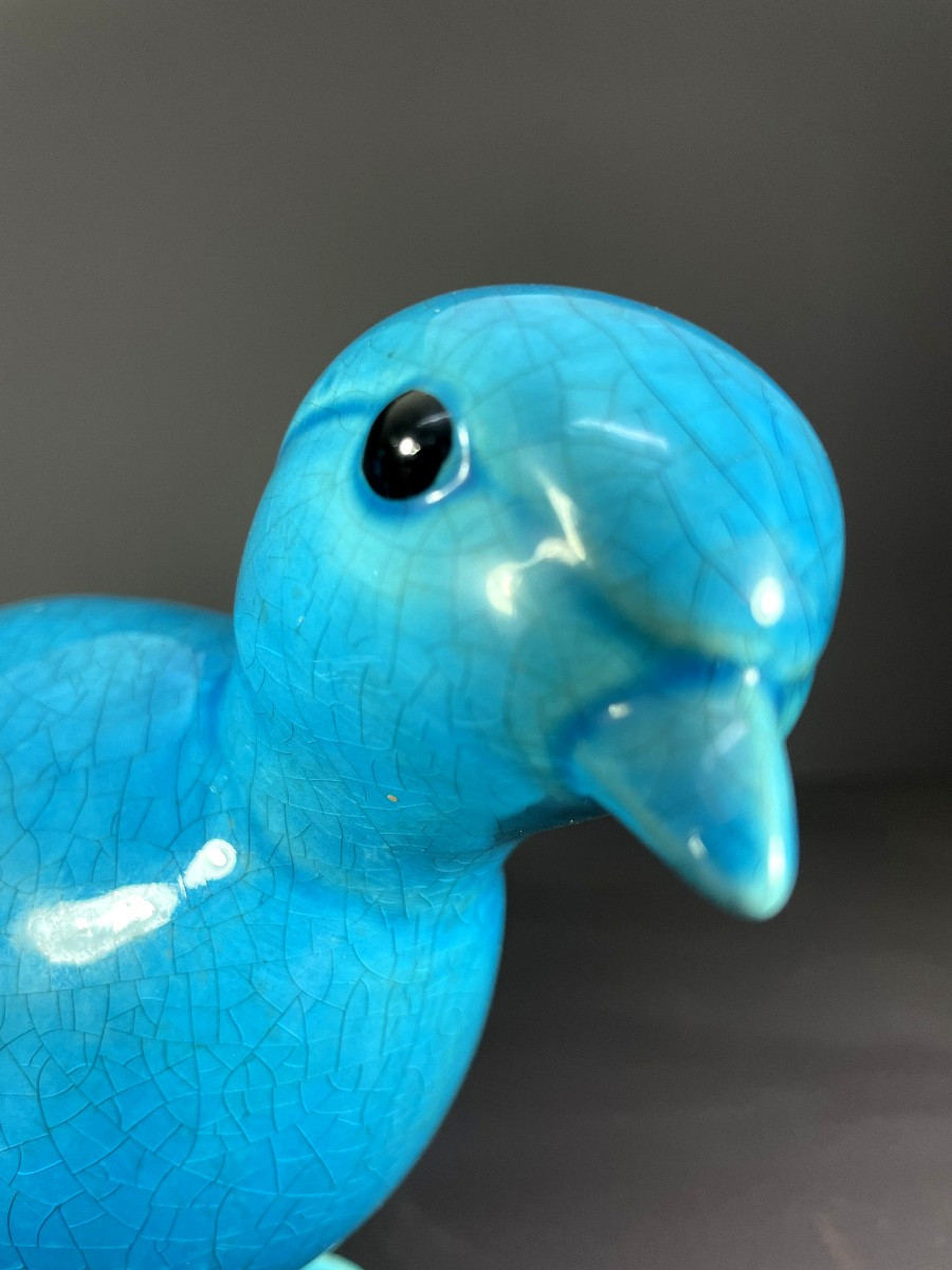 Chine, Années 1950/1960, paire d'oiseaux en porcelaine bleue turquoise.-photo-1
