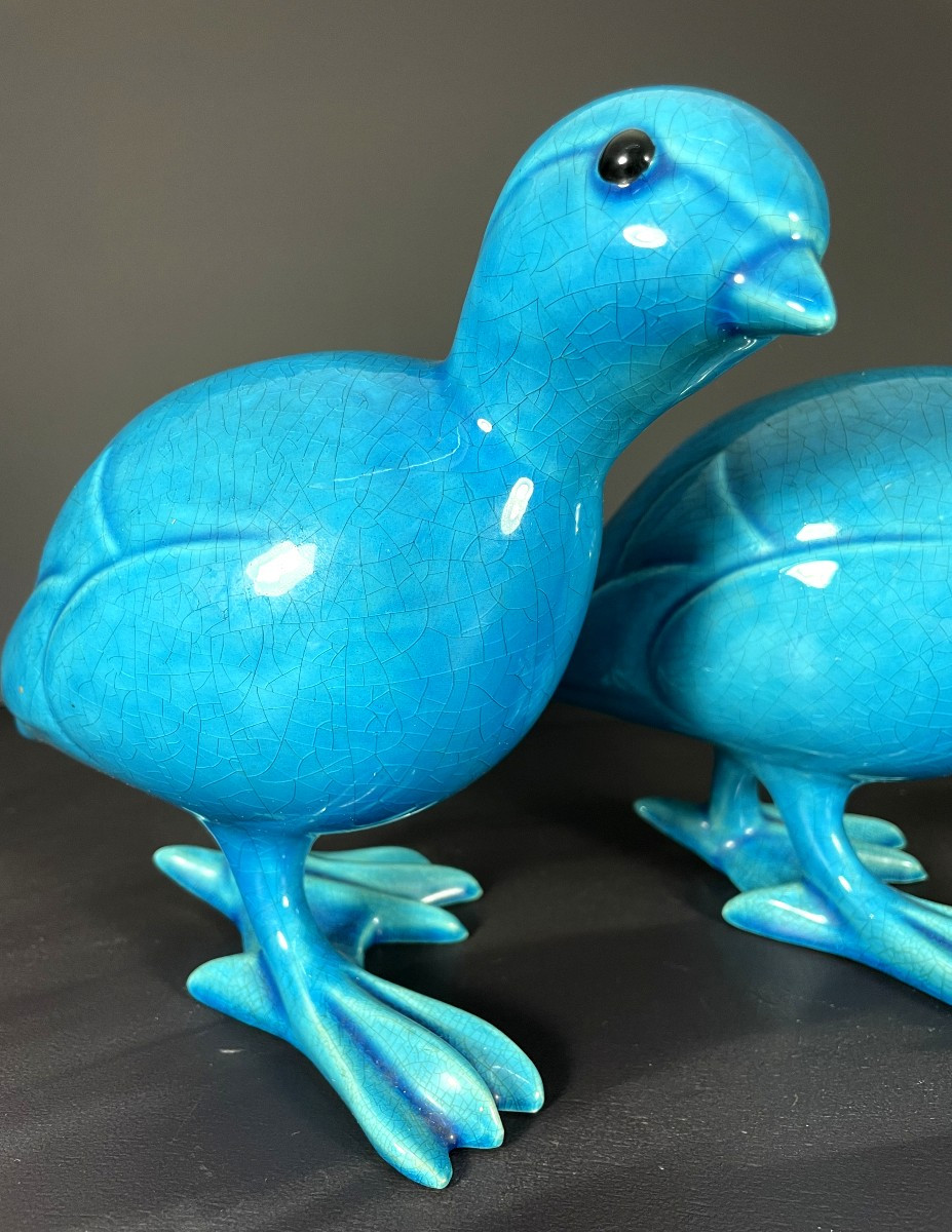 Chine, Années 1950/1960, paire d'oiseaux en porcelaine bleue turquoise.-photo-7