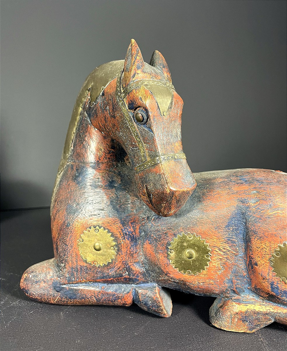 Pakistan, 1970, Pair Of Wooden Horses With Brass Inlay.-photo-2