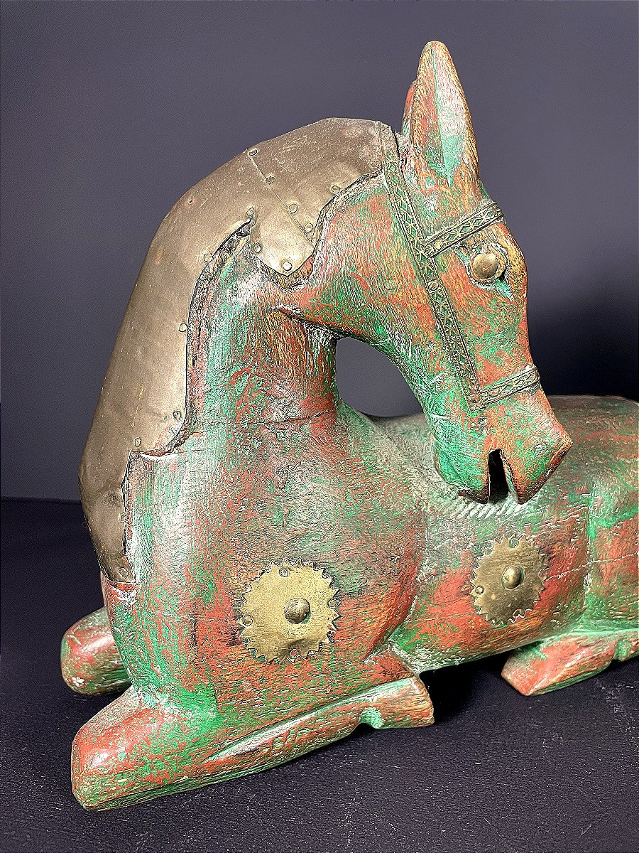 Pakistan, 1970, Pair Of Wooden Horses With Brass Inlay.-photo-4