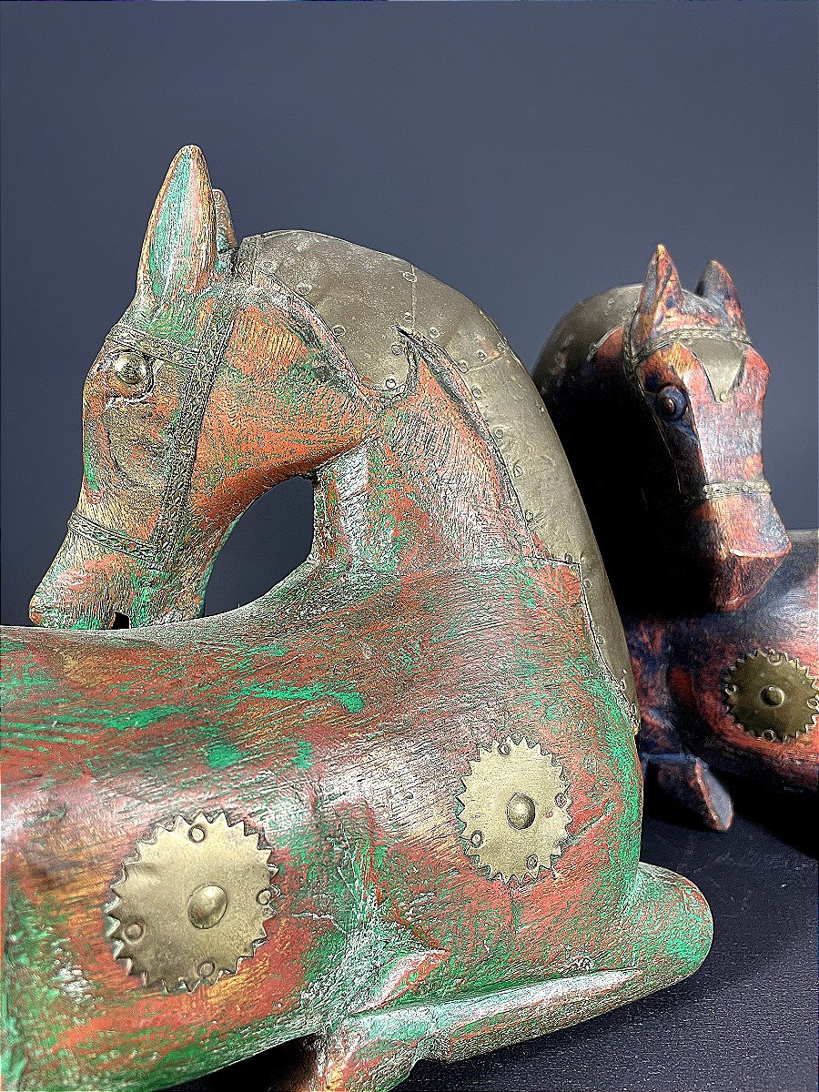 Pakistan, 1970, Pair Of Wooden Horses With Brass Inlay.-photo-1