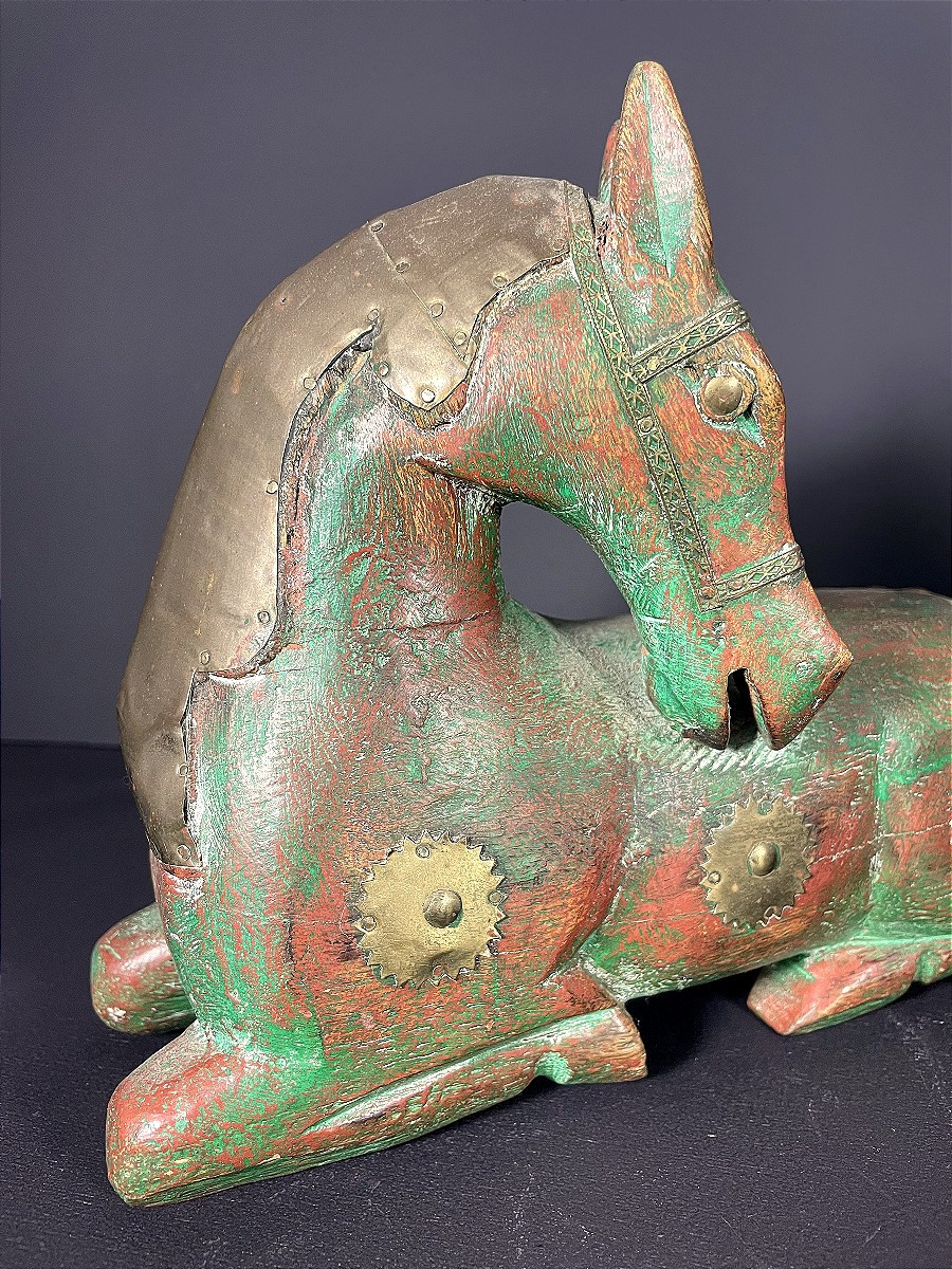 Pakistan, 1970, Pair Of Wooden Horses With Brass Inlay.-photo-2