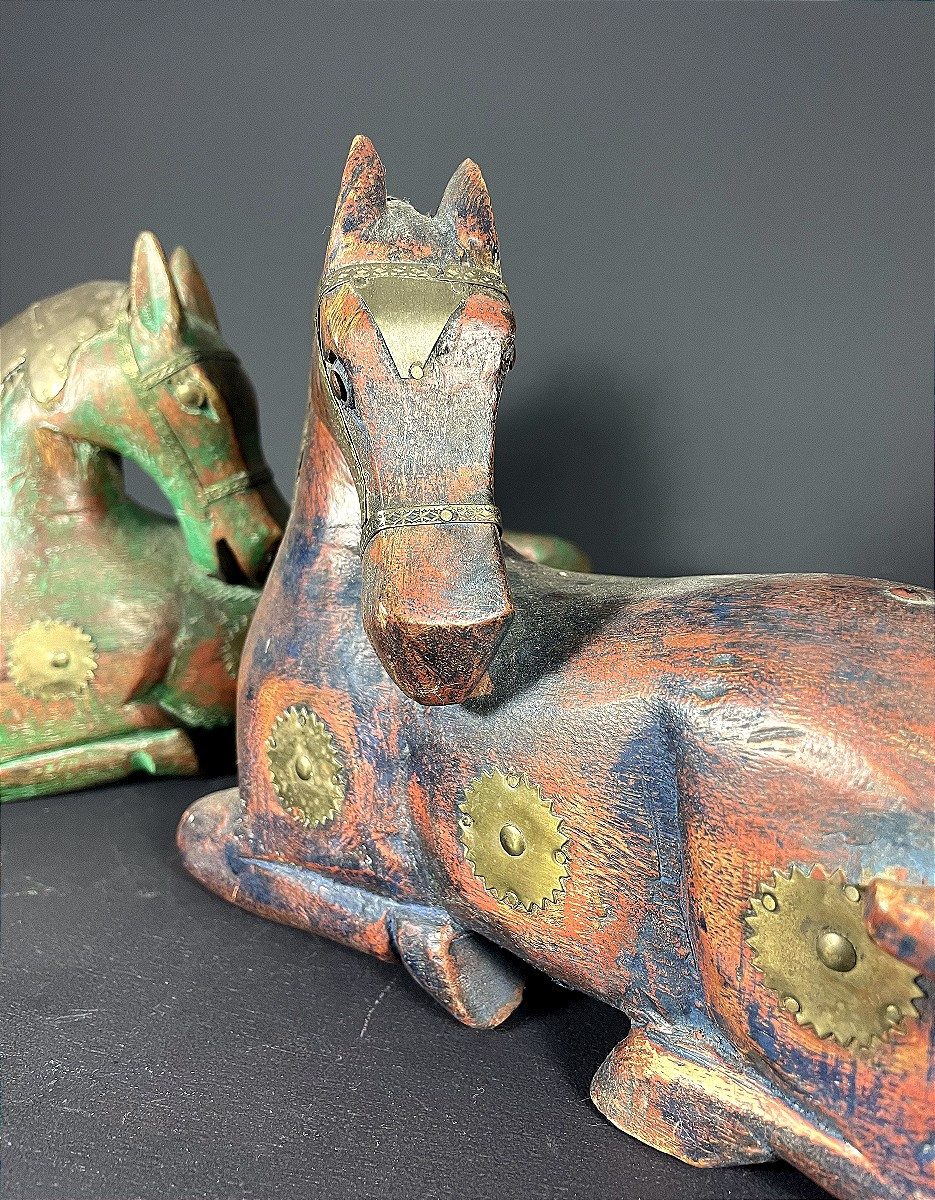 Pakistan, 1970, Pair Of Wooden Horses With Brass Inlay.-photo-3