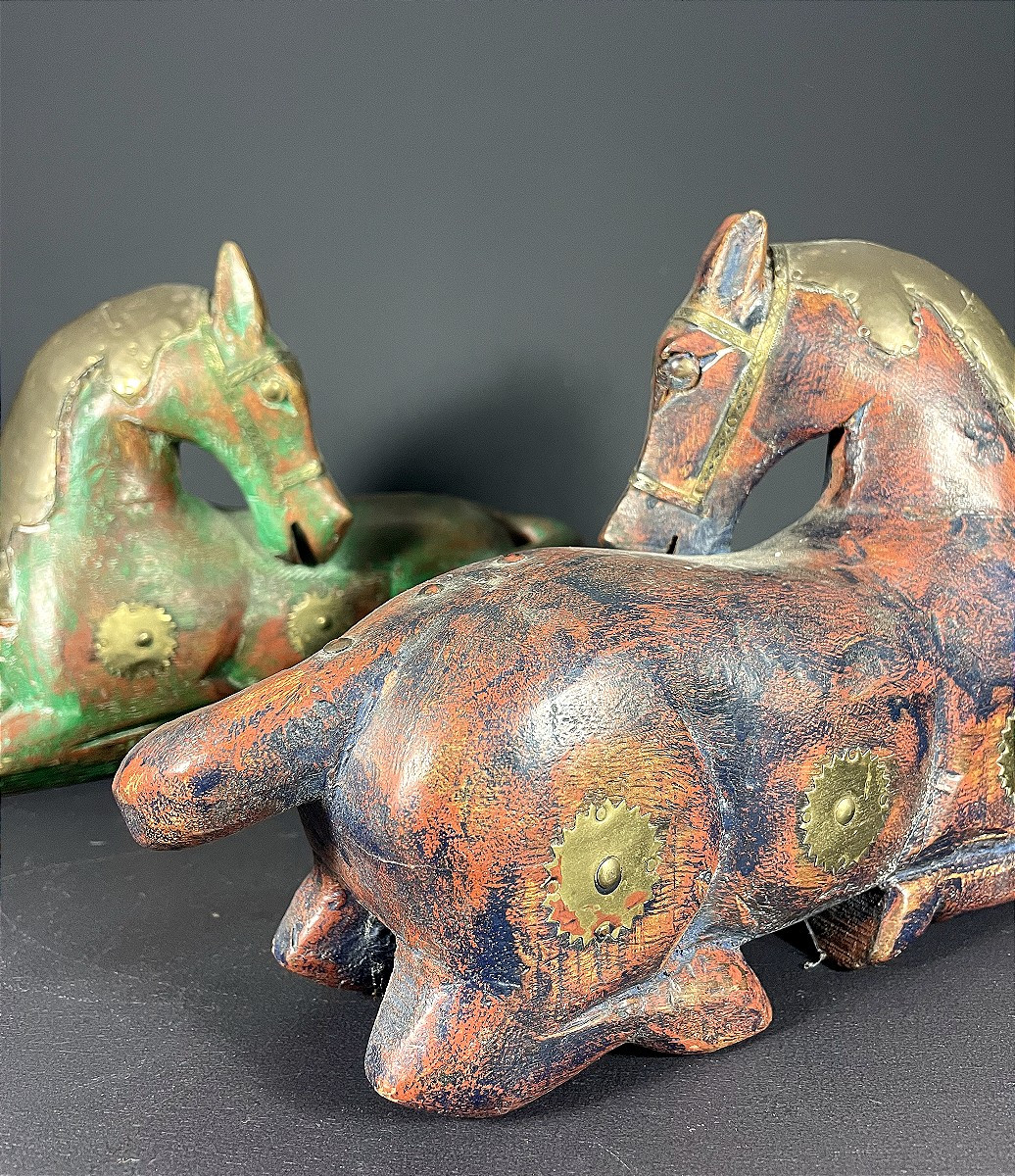 Pakistan, 1970, Pair Of Wooden Horses With Brass Inlay.-photo-5