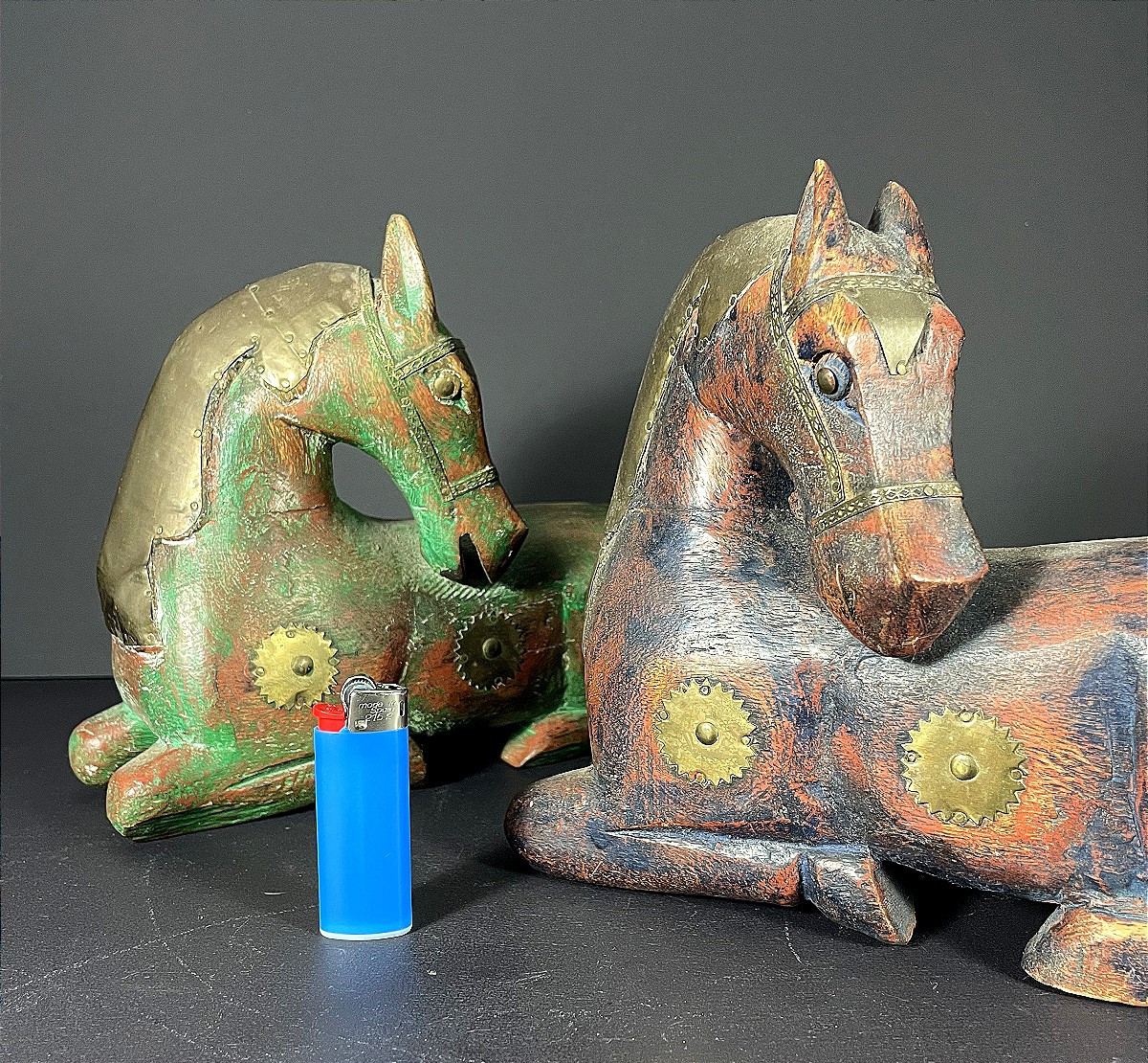 Pakistan, 1970, Pair Of Wooden Horses With Brass Inlay.-photo-8