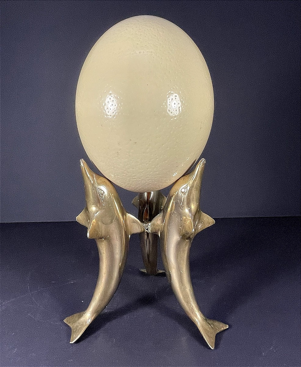 France, Ostrich Egg Mounted On A Brass Tripod Base With A Representation Of Dolphins, 1970.-photo-2