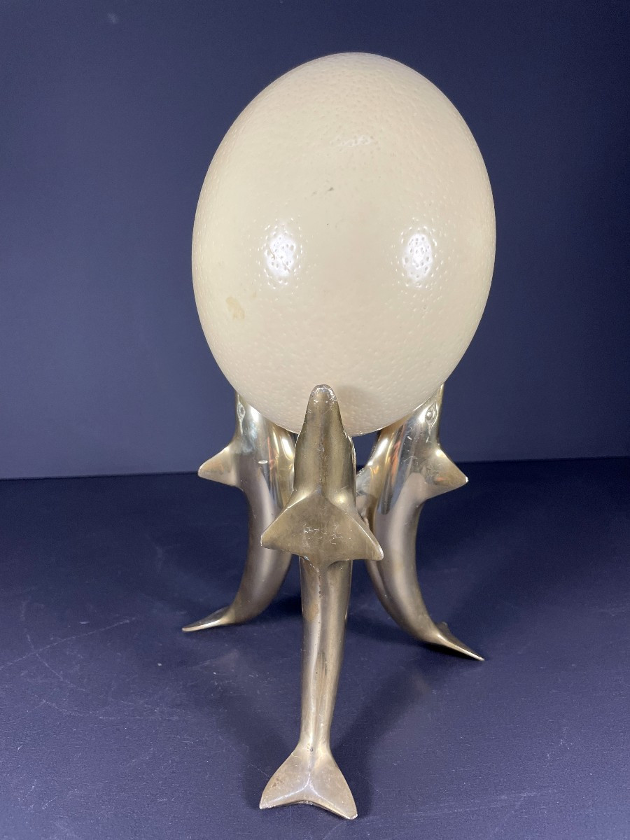 France, Ostrich Egg Mounted On A Brass Tripod Base With A Representation Of Dolphins, 1970.-photo-4