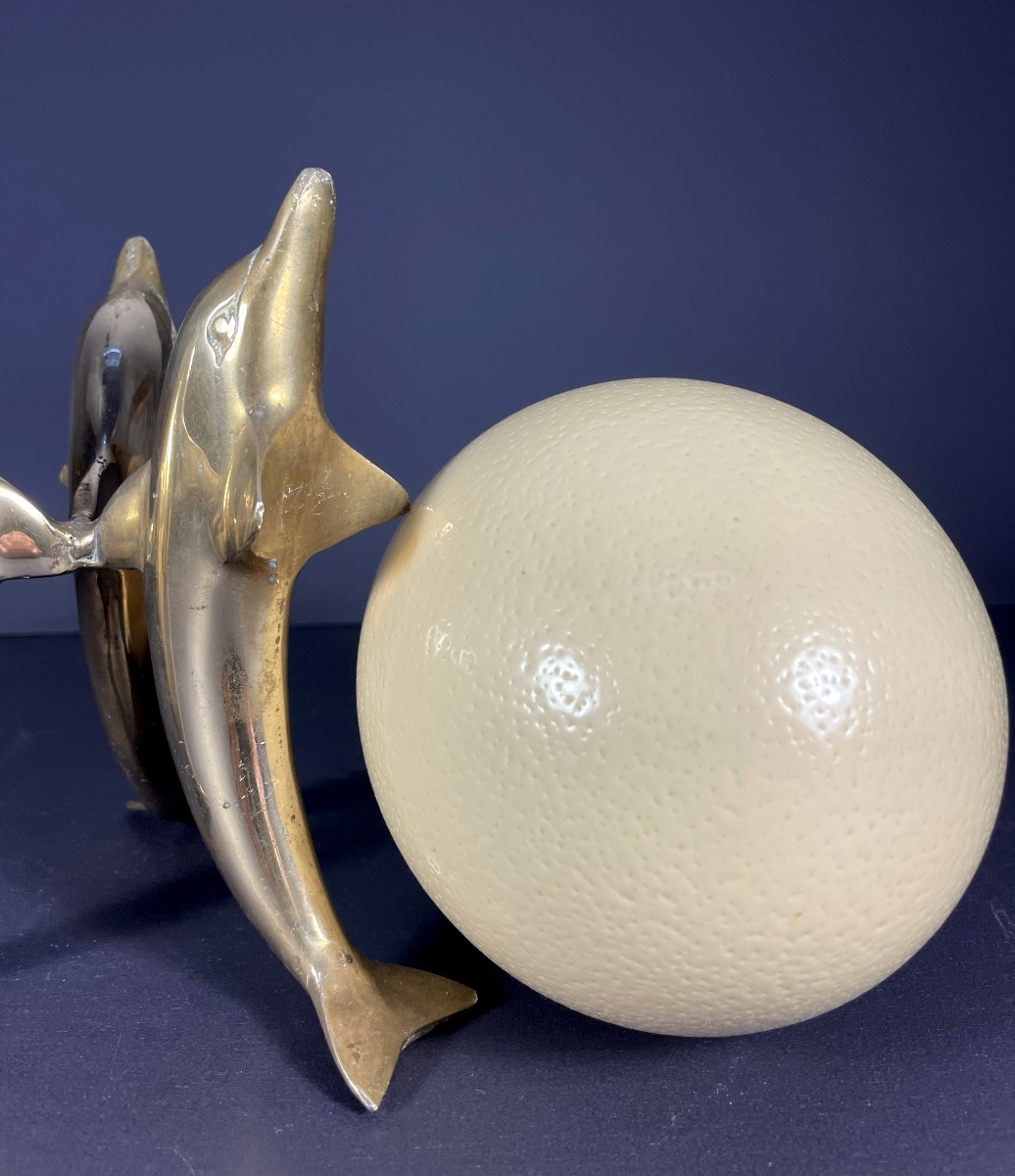 France, Ostrich Egg Mounted On A Brass Tripod Base With A Representation Of Dolphins, 1970.-photo-1