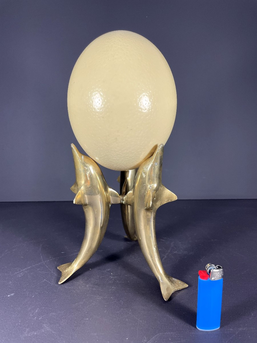 France, Ostrich Egg Mounted On A Brass Tripod Base With A Representation Of Dolphins, 1970.-photo-7
