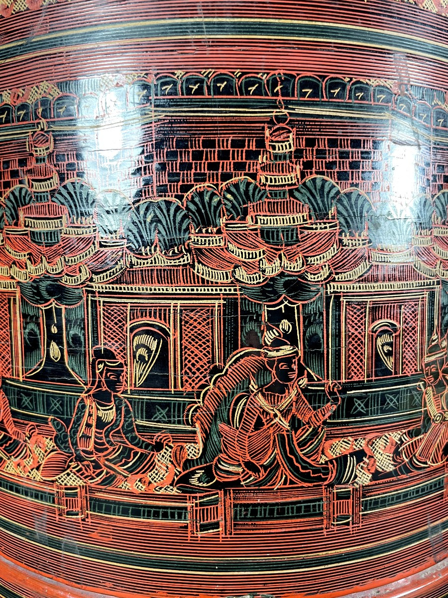 Burma, Mid-20th Century: Cylindrical Betel Box Made Of Woven Bamboo.-photo-3