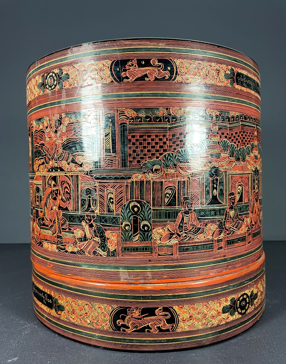 Burma, Mid-20th Century: Cylindrical Betel Box Made Of Woven Bamboo.