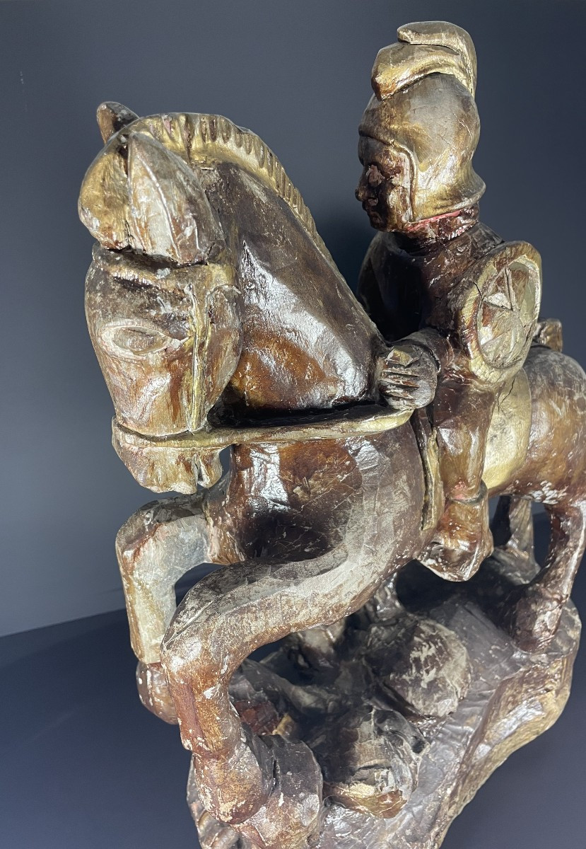 Italy, Wooden Sculpture Of A Roman Horseman Riding His Horse, 1960.-photo-1