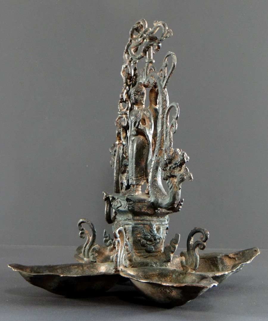 North India, First Half Of The 20th Century, Copper-plated Bronze Temple Lamp With Buddha Decoration.-photo-3