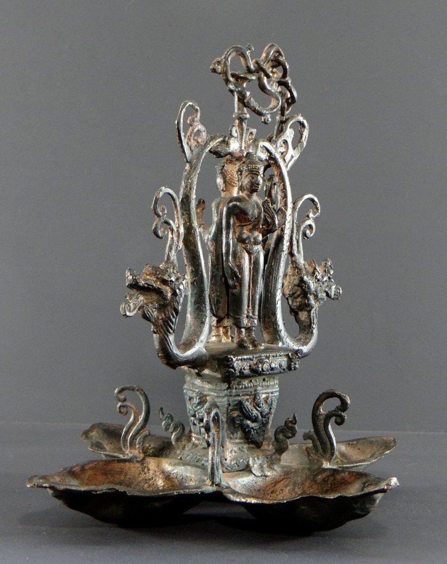 North India, First Half Of The 20th Century, Copper-plated Bronze Temple Lamp With Buddha Decoration.-photo-1