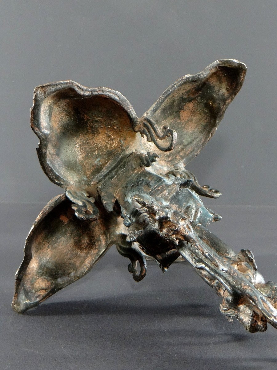 North India, First Half Of The 20th Century, Copper-plated Bronze Temple Lamp With Buddha Decoration.-photo-2