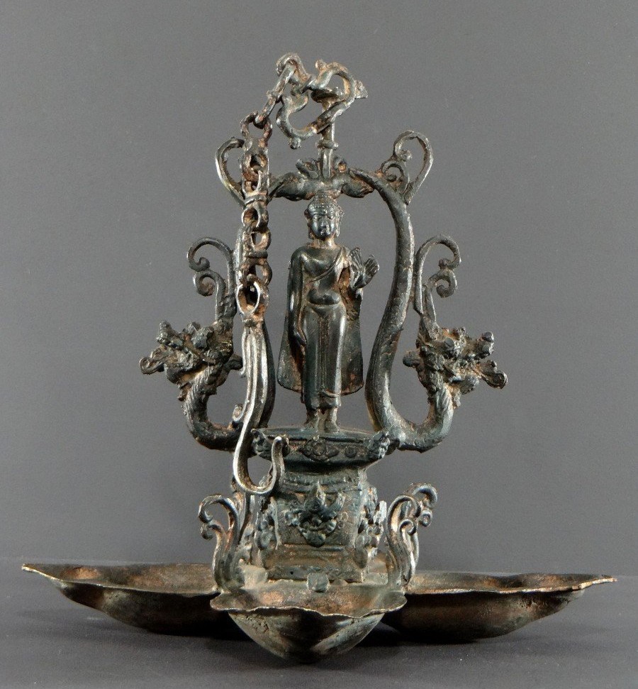 North India, First Half Of The 20th Century, Copper-plated Bronze Temple Lamp With Buddha Decoration.-photo-5