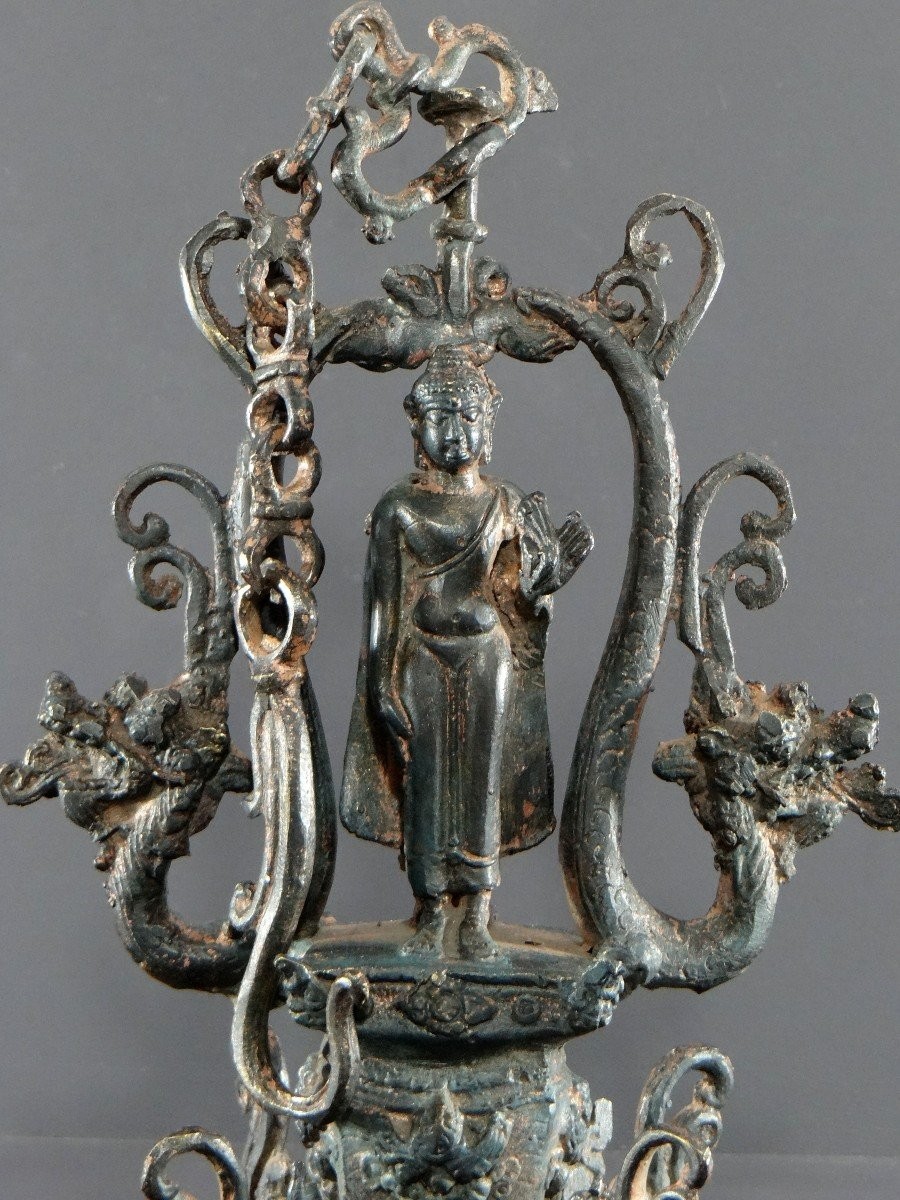 North India, First Half Of The 20th Century, Copper-plated Bronze Temple Lamp With Buddha Decoration.-photo-6