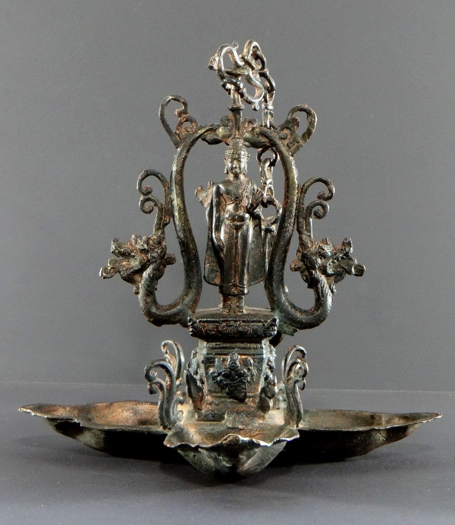North India, First Half Of The 20th Century, Copper-plated Bronze Temple Lamp With Buddha Decoration.