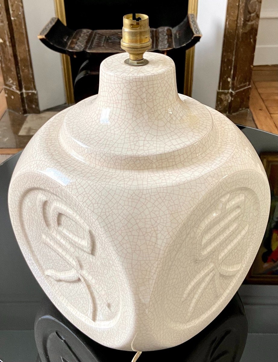France, Années 1950/1960, Pied De Lampe En Faïence Craquelée Idéogrammes Chinois.-photo-3
