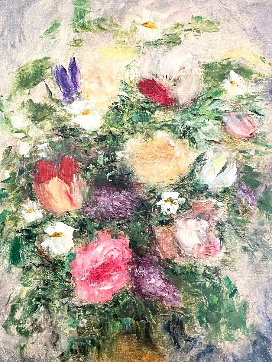 Jacques-michel Dunoyer (1933-2000), Large Painting With Bouquet Of Flowers 1978.-photo-1