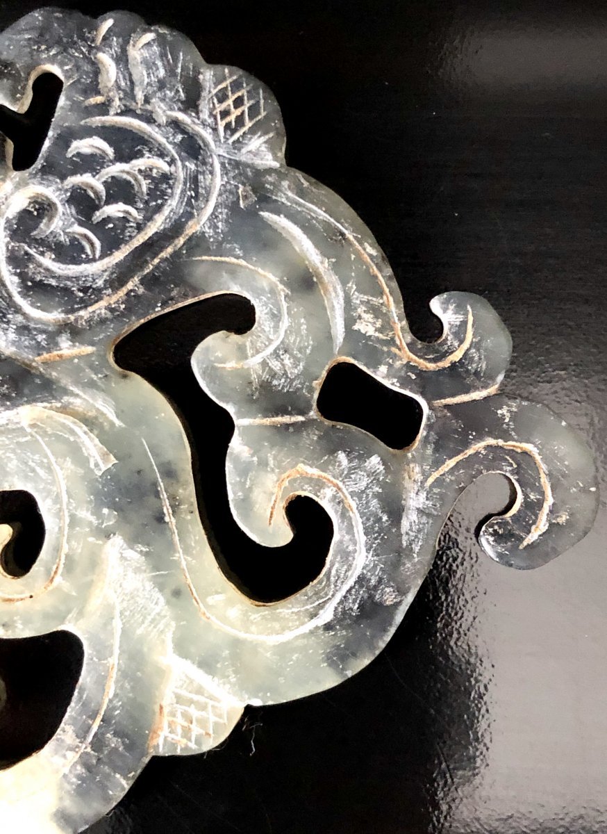China, 19th Century, Carved And Openwork Jade Plaque In The Style Of The Western Han Dynasty.-photo-1