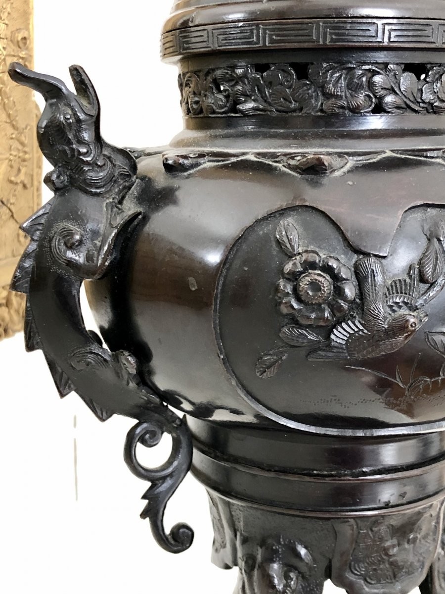 Chine, XIXème Siècle, Brûle-parfum en Bronze à Décor de Dragons et d'Oiseaux.-photo-3