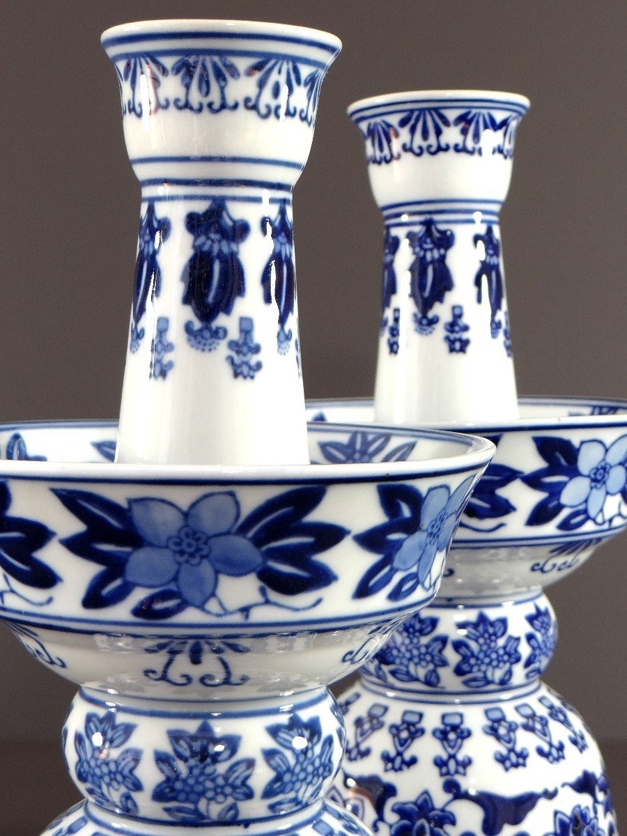 China, 1960s/1970s, Pair Of Porcelain Candlesticks Featuring A Rich Floral Decoration.-photo-2