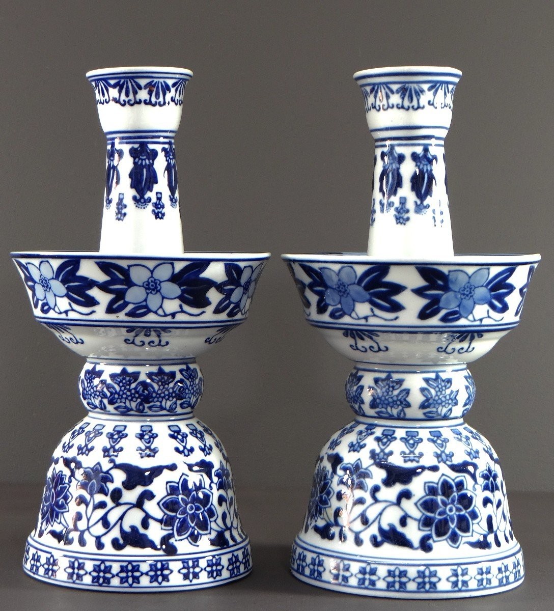 China, 1960s/1970s, Pair Of Porcelain Candlesticks Featuring A Rich Floral Decoration.-photo-3