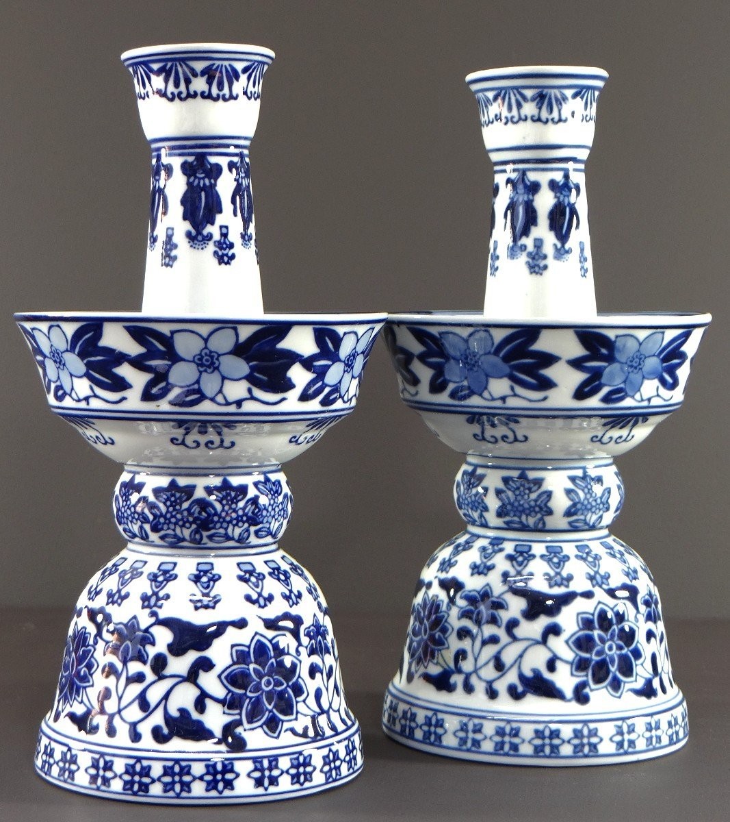 China, 1960s/1970s, Pair Of Porcelain Candlesticks Featuring A Rich Floral Decoration.-photo-6