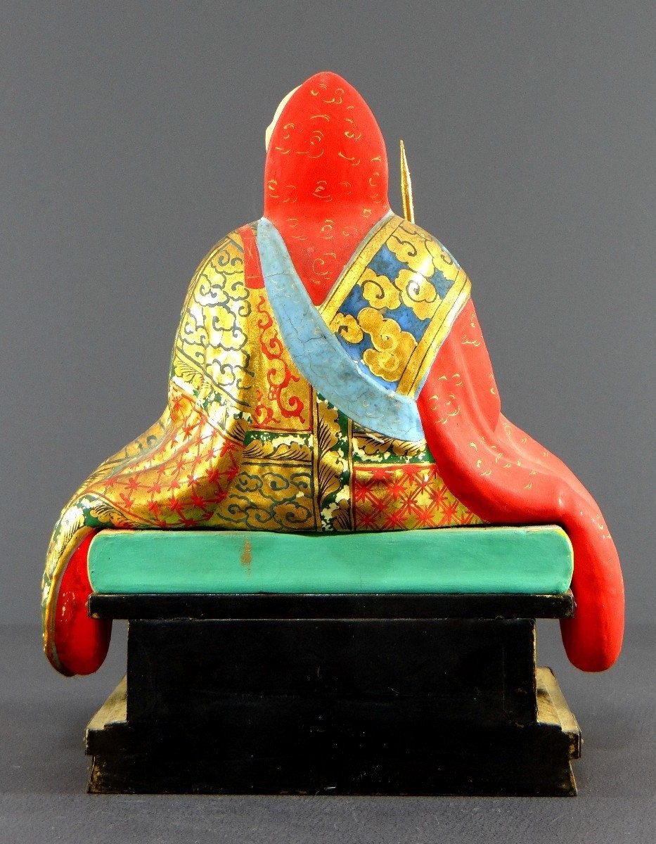 Japon, Début Du XXème Siècle, Statue En Bois Et Plâtre Polychrome Du Moine Nichiren Shonin.-photo-1