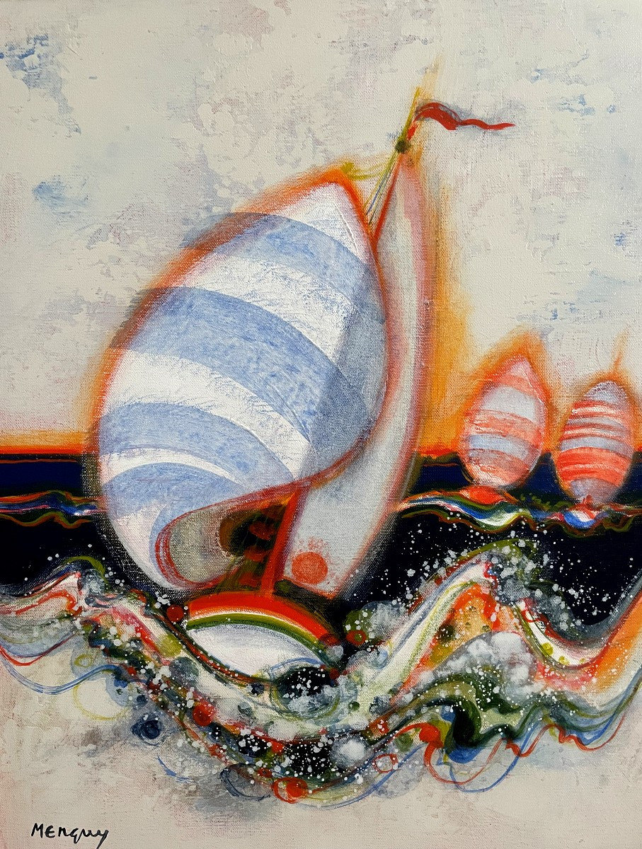 Frédéric Menguy (1927-2007), Painting "in The Middle Of The Waves" Dating From The 1980s.