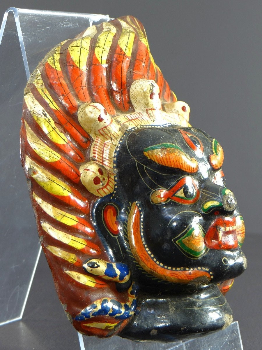 Tibet, Première Moitié Du XXème Siècle, Masque En Carton Bouilli Polychrome Figurant Mahakala.-photo-2