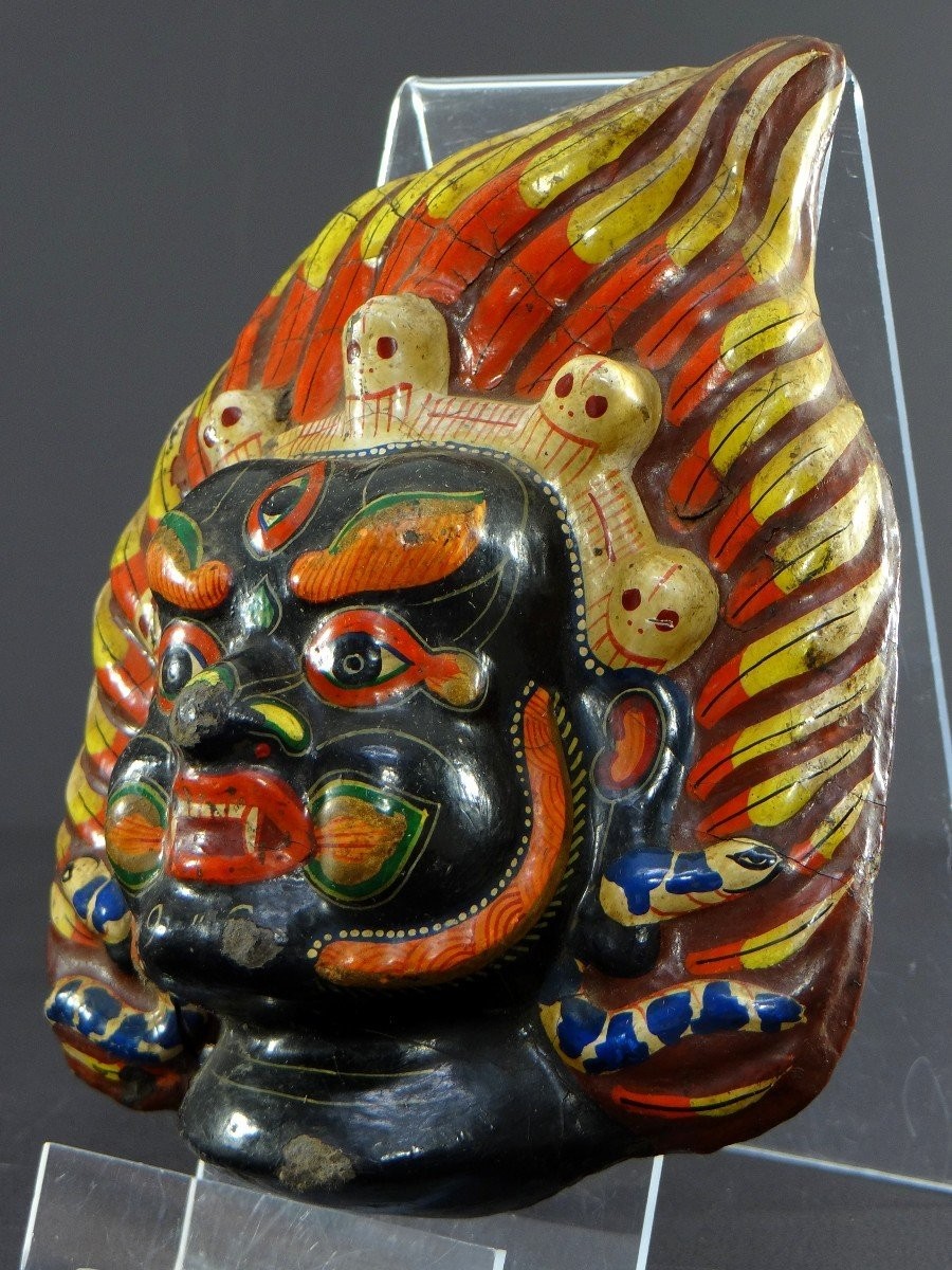 Tibet, Première Moitié Du XXème Siècle, Masque En Carton Bouilli Polychrome Figurant Mahakala.-photo-4