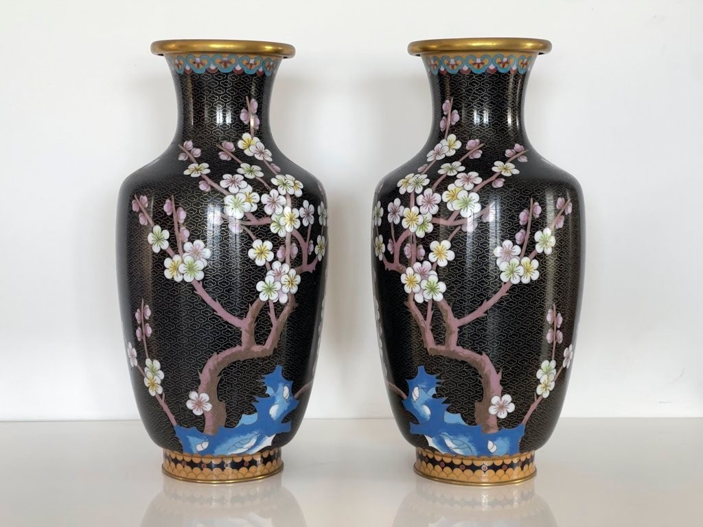 China, 1950s/1960s, Pair Of Cloisonné Enamel Vases With Floral Decoration.-photo-3
