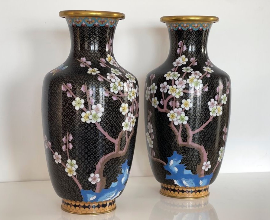 China, 1950s/1960s, Pair Of Cloisonné Enamel Vases With Floral Decoration.