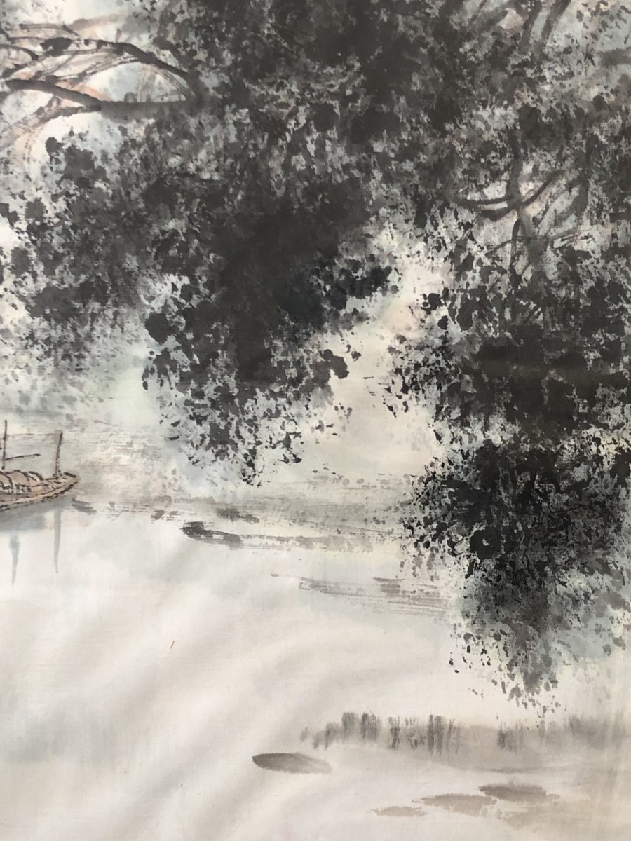 Chine, XXème Siècle, Oeuvre à l'Encre Et Lavis d'Encre Paysage De Rivière Et De Montagne.-photo-4