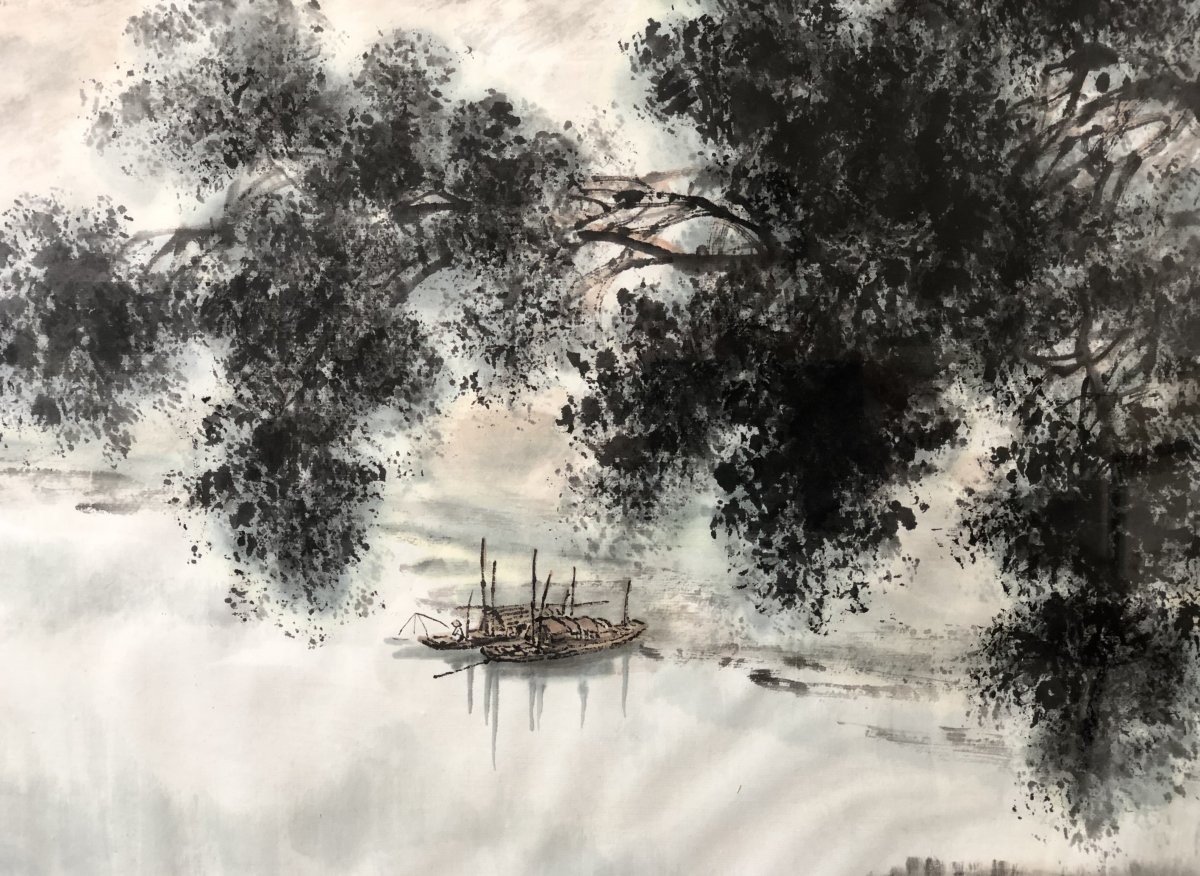 Chine, XXème Siècle, Oeuvre à l'Encre Et Lavis d'Encre Paysage De Rivière Et De Montagne.-photo-4