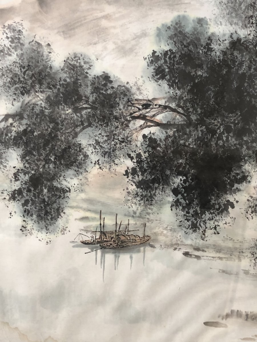 Chine, XXème Siècle, Oeuvre à l'Encre Et Lavis d'Encre Paysage De Rivière Et De Montagne.-photo-6