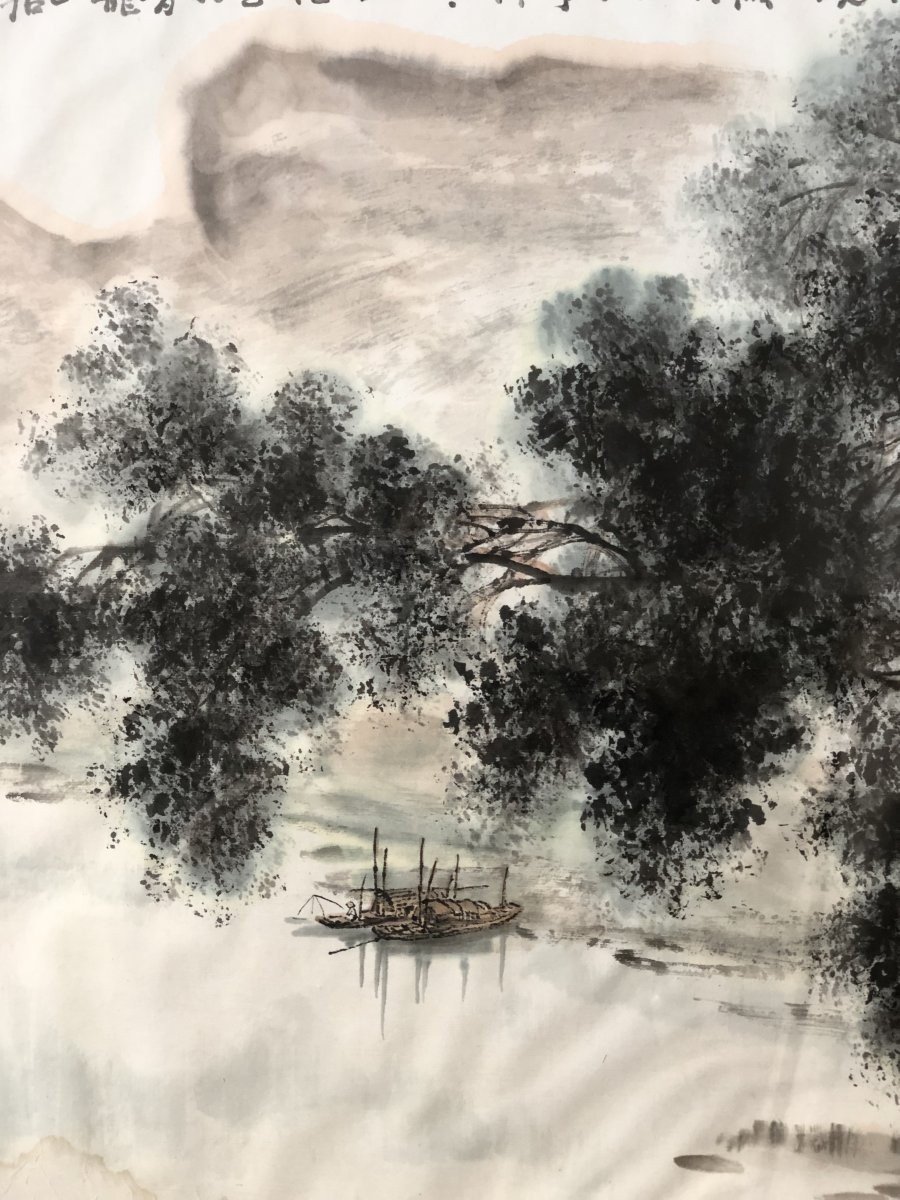 Chine, XXème Siècle, Oeuvre à l'Encre Et Lavis d'Encre Paysage De Rivière Et De Montagne.