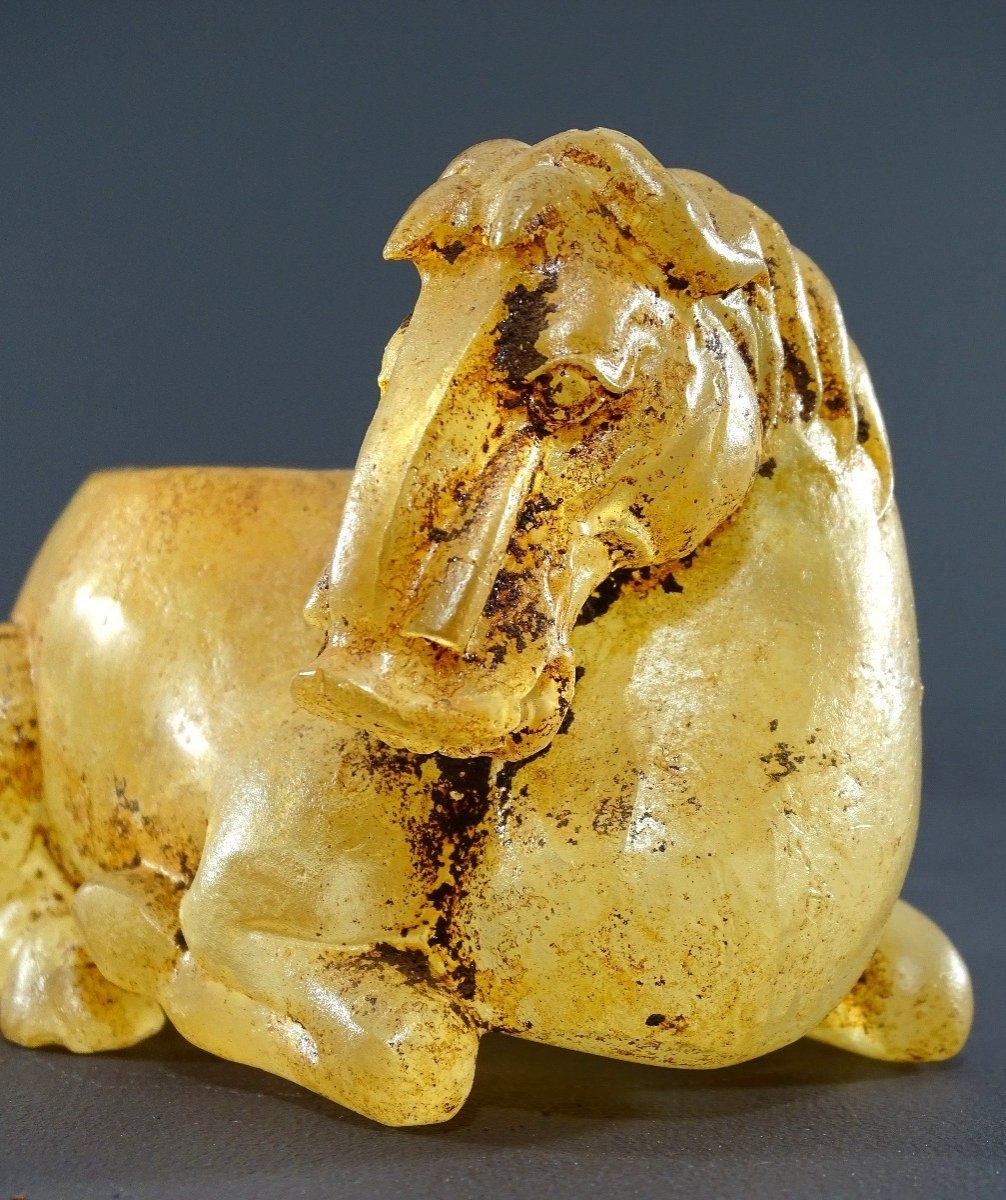 China, 18th Century, Glass Cup With Ground Inlays In The Shape Of A Reclining Horse.