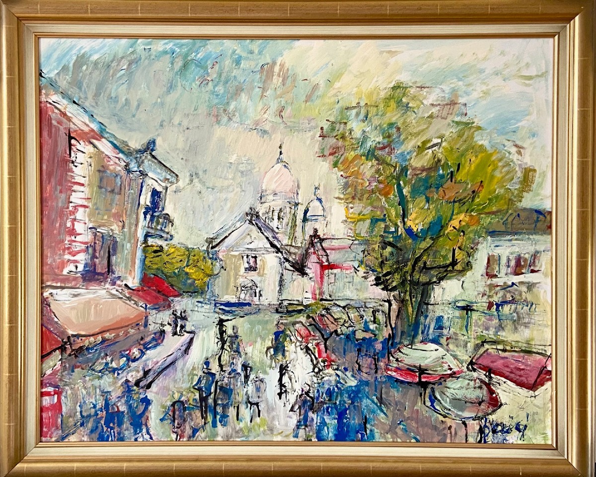 Mario Bonamici (1912-2002), Tableau Vue De La Place Du Tertre à Paris Montmartre.-photo-2