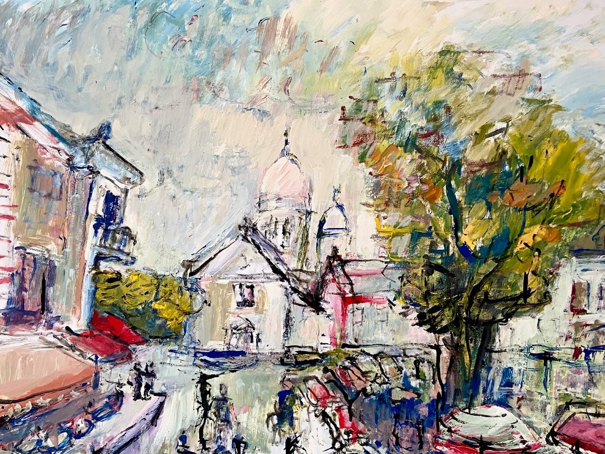 Mario Bonamici (1912-2002), Tableau Vue De La Place Du Tertre à Paris Montmartre.-photo-4