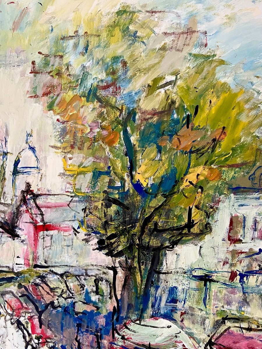 Mario Bonamici (1912-2002), Tableau Vue De La Place Du Tertre à Paris Montmartre.-photo-3