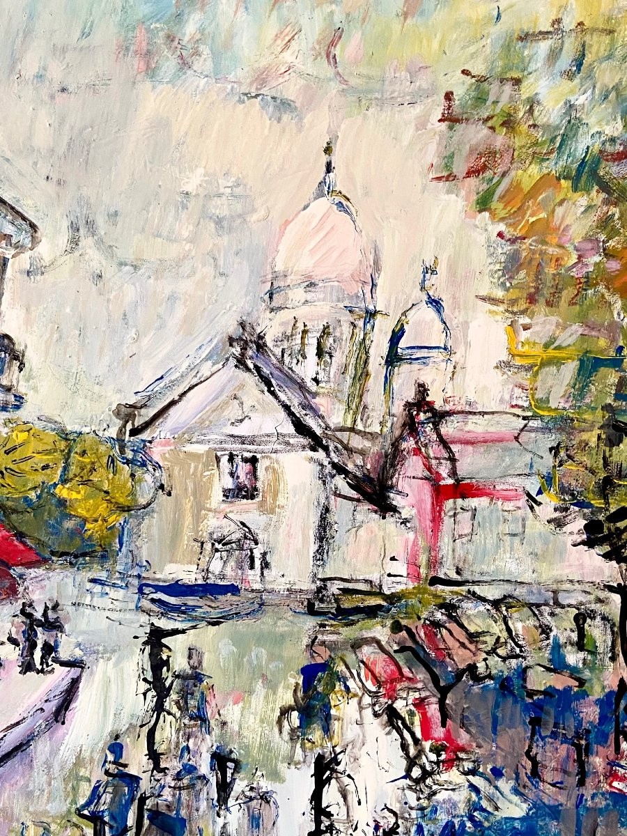 Mario Bonamici (1912-2002), Tableau Vue De La Place Du Tertre à Paris Montmartre.-photo-5