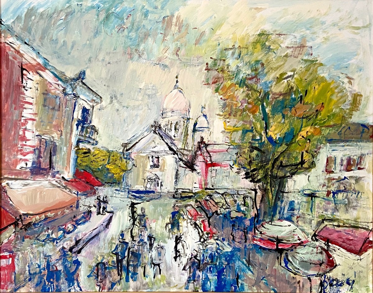 Mario Bonamici (1912-2002), Tableau Vue De La Place Du Tertre à Paris Montmartre.
