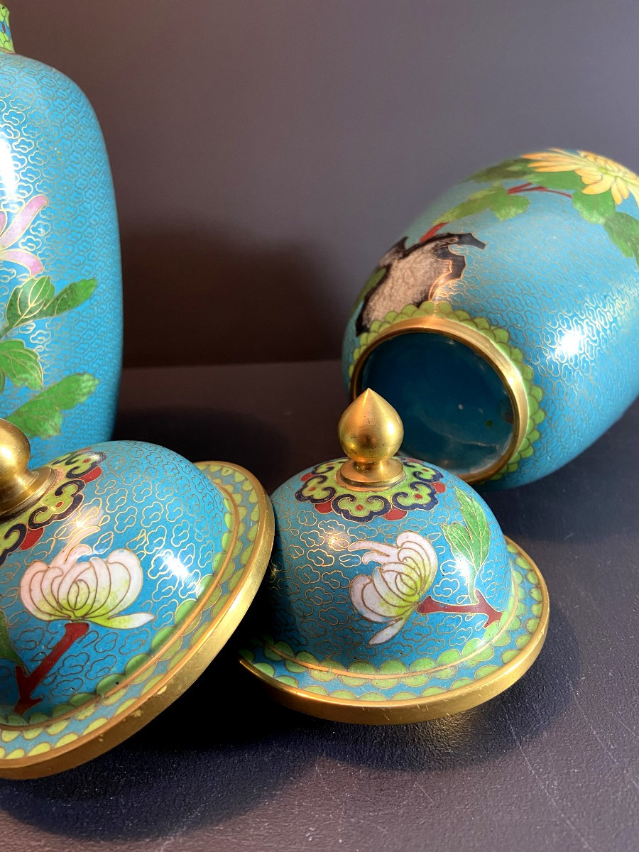 China, 1950s/1960s, Pair Of Cloisonné Enamel Pots With Floral Decoration.-photo-7