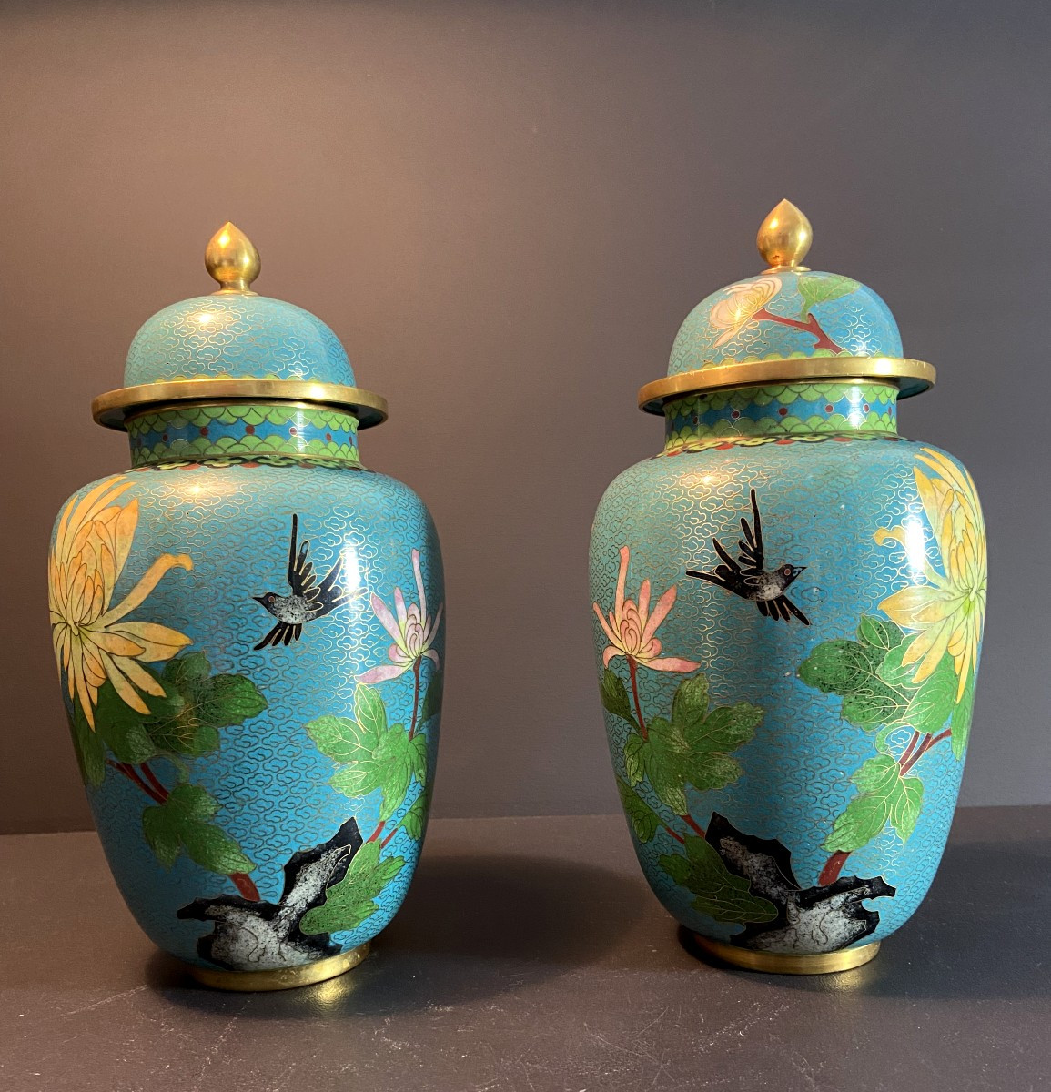 China, 1950s/1960s, Pair Of Cloisonné Enamel Pots With Floral Decoration.
