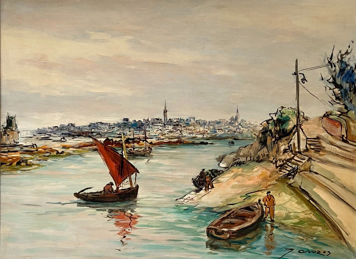 Joseph Crozes (actif Des Années 1930 à 1950), Tableau Vue De Douarnenez Depuis Tréboul.