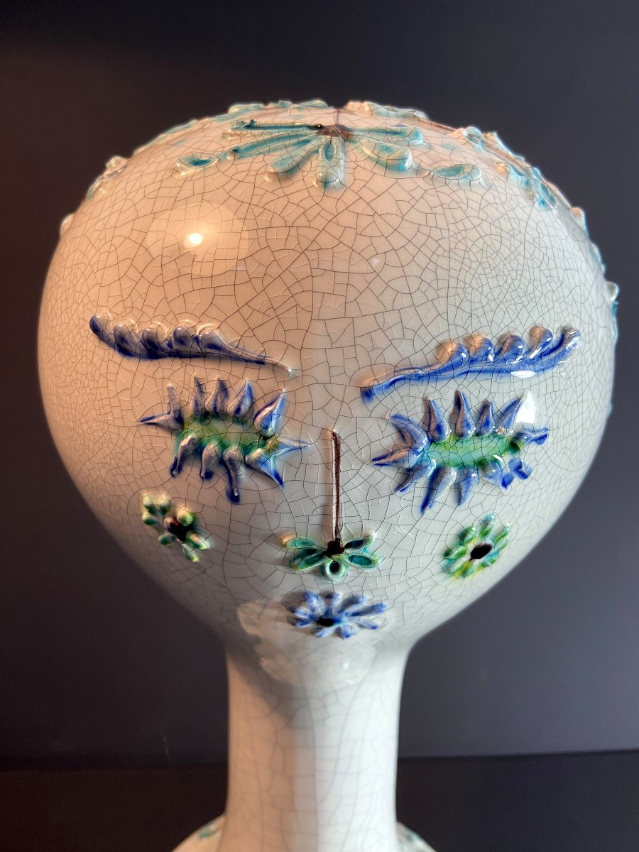 France, Mid 20th Century, Glazed Earthenware Marotte With Flower Design.-photo-2
